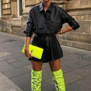 Faux Leather Button Down Shirt with Belt